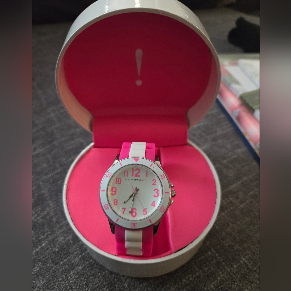 Isaac Mizrahi Pink and White Silicone Strap Watch